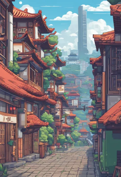 Modern, SPEEDLINE, vanishing point, nffsw, masutepiece, high details,The bustling city has Chinese-style alleys，Wires are scattered between the houses on both sides，Stone bricks of various sizes are paved on the road，The sides are lined with greenery。It ju...