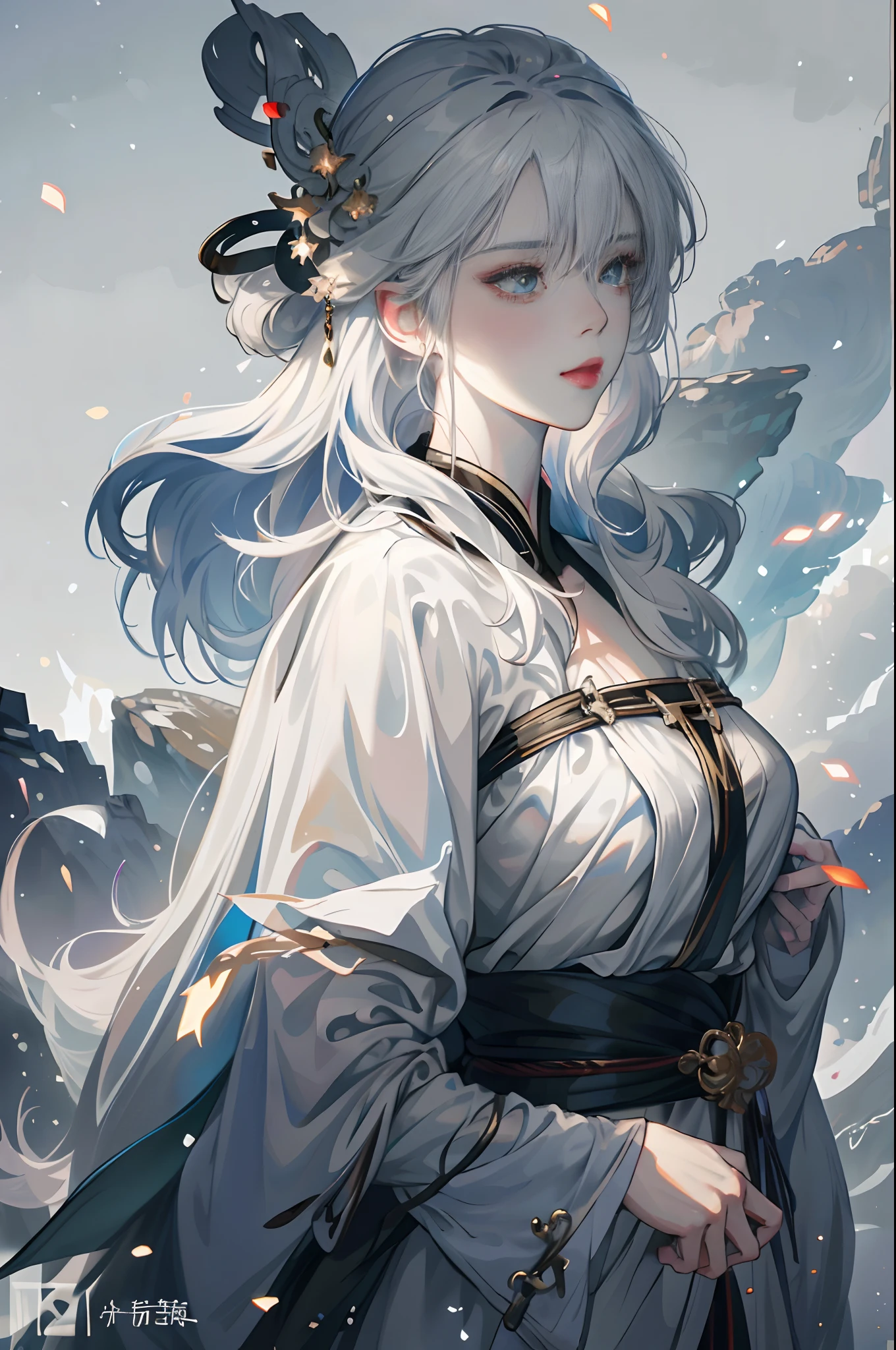 um close de uma mulher com cabelos brancos e uma máscara branca, linda pintura de personagem, Guweiz, artwork in the style of Guweiz, divindade de cabelos brancos, por Yang J, arte de personagem épica e requintada, arte de personagem impressionante, por Fan Qi, por Wuzhun Shifan, Guweiz on pixiv artstation