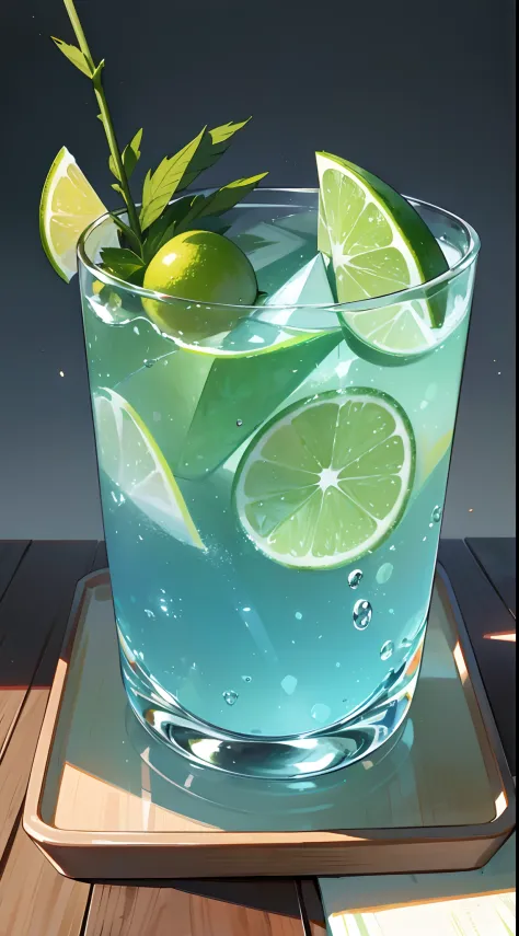 In summer, a cool iced drink, glass, good-looking glass, perfect glass, sparkling water, blue to green gradient, mint, lemon, placed on a wooden tray with a few pieces of watermelon next to it