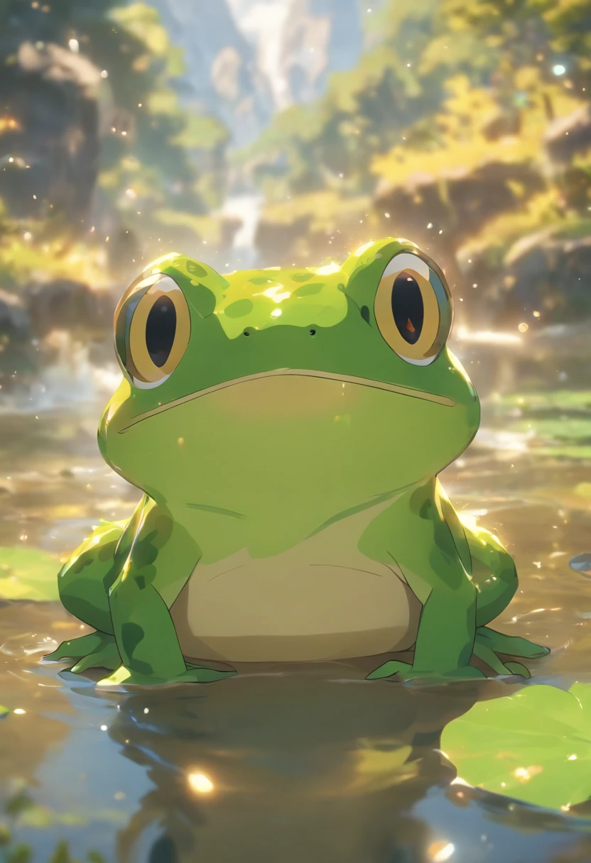 (((Animals))) best quality, very high resolution, 4K detailed CG, masterpiece, Inflated frog, Mountains, Forest, aesthetics, ((FROG,WATER)), Beautiful image, centered on screen