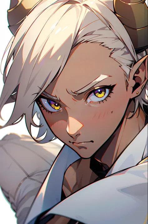 1boy,solo,serious,(tanned skin,male face),white student shirt,short hair,platinum blonde hair,yellow eyes,elves ears,horns,face ...