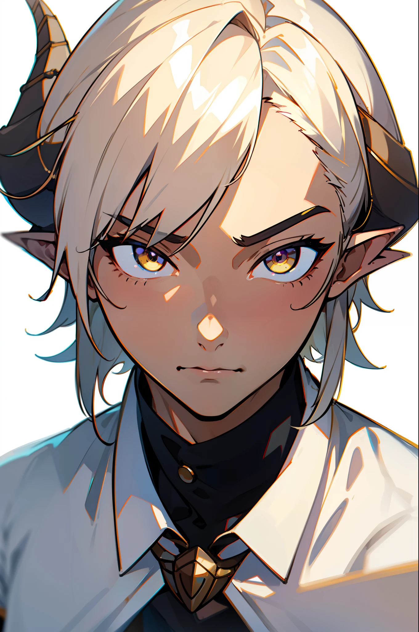 1boy,solo,serious,(tanned skin,male face),white student shirt,Short hair,platinum blonde hair,yellow eyes,elves ears,horns,face close up,((white background))