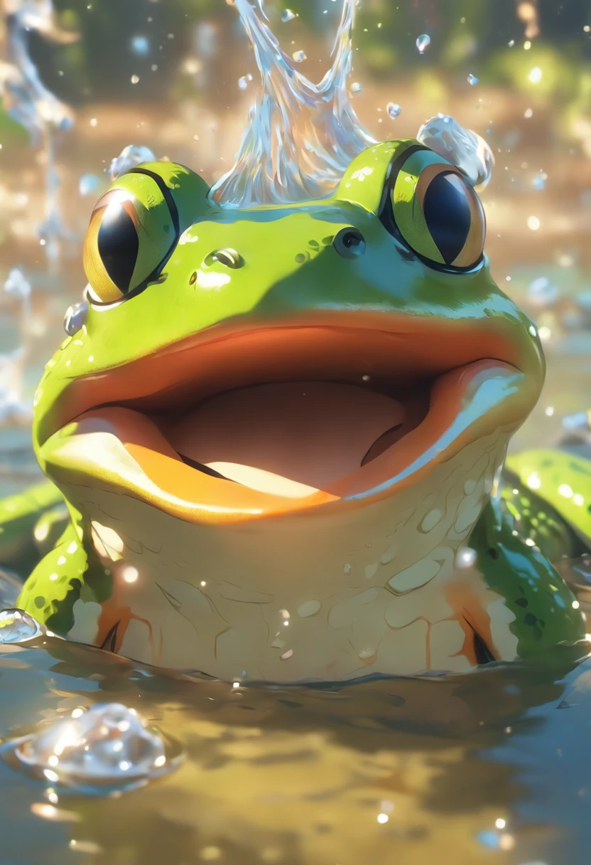 best quality, very high resolution, 4K detailed CG, masterpiece, frog spitting water, frog spouting water, frog vomiting water