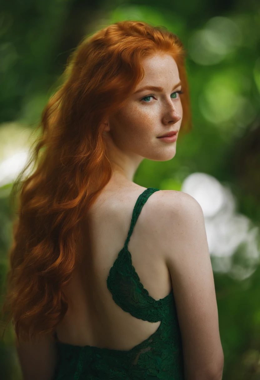 A close up of a woman with red hair and a green dress - SeaArt AI