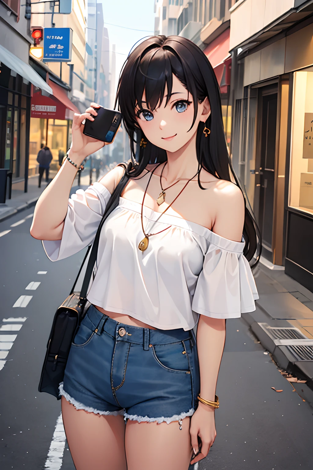 (masterpiece, best quality:1.2), solo, 1girl, yukinoshita yukino, smile, looking at viewer, holding phone, off-shoulder shirt, shorts, jewelry, pendant, cityscape scenery, sidewalk