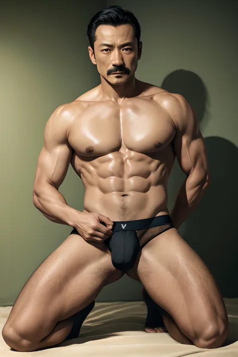 45 yers old，Hidetoshi Nakata ，（Kogoro Mouri 1.3），浴室，A man kneeling，leg wide open，Crotch contour，wearing an sexy underwear，Tong，with mustache，tmasterpiece，k hd，the feet，Place your hands behind your back，semi transparent，black long socks，The barefoot，Thick c...