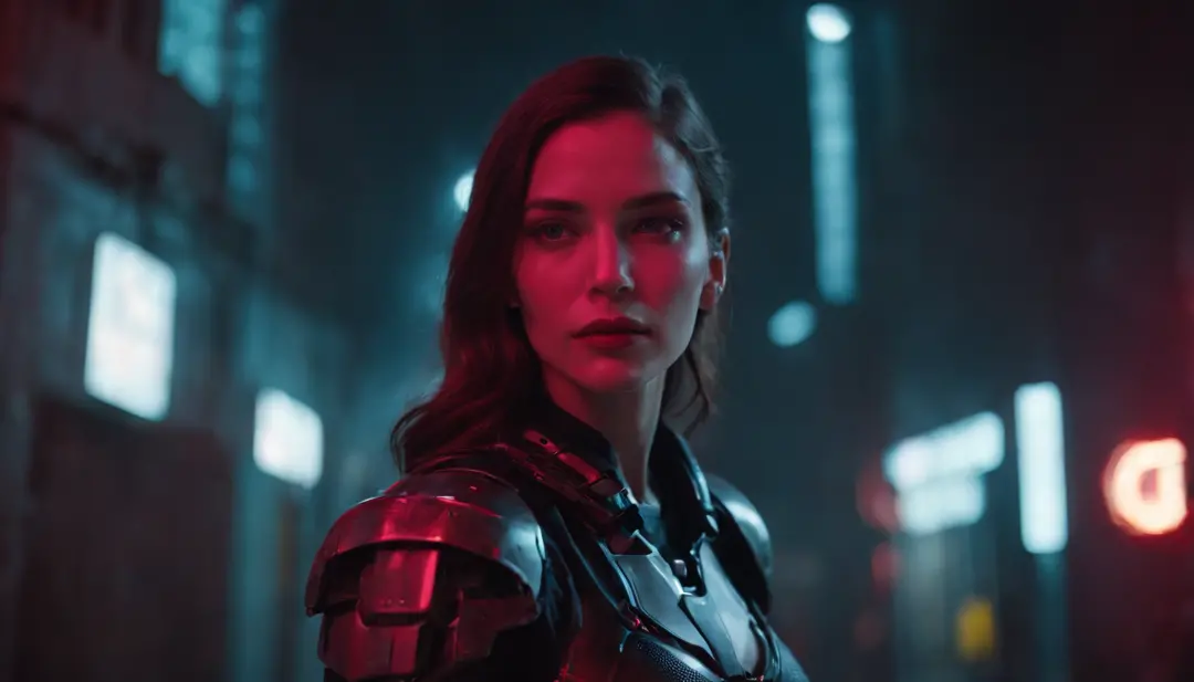 There's a cyborg woman with cyborg elements on her face standing in a cyberpunk city alley at night, darksynth aesthetic, red neons, beautiful woman, haze, foggy night, horror cyberpunk, sci fi thriller aesthetic, ultra detailed, photorealistic.