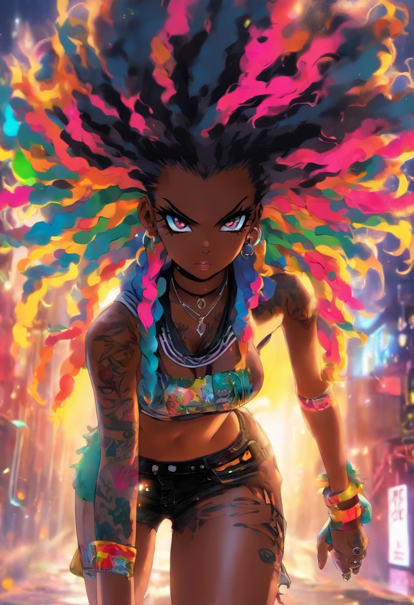 A woman with colorful hair and tattoos walking down a street - SeaArt AI