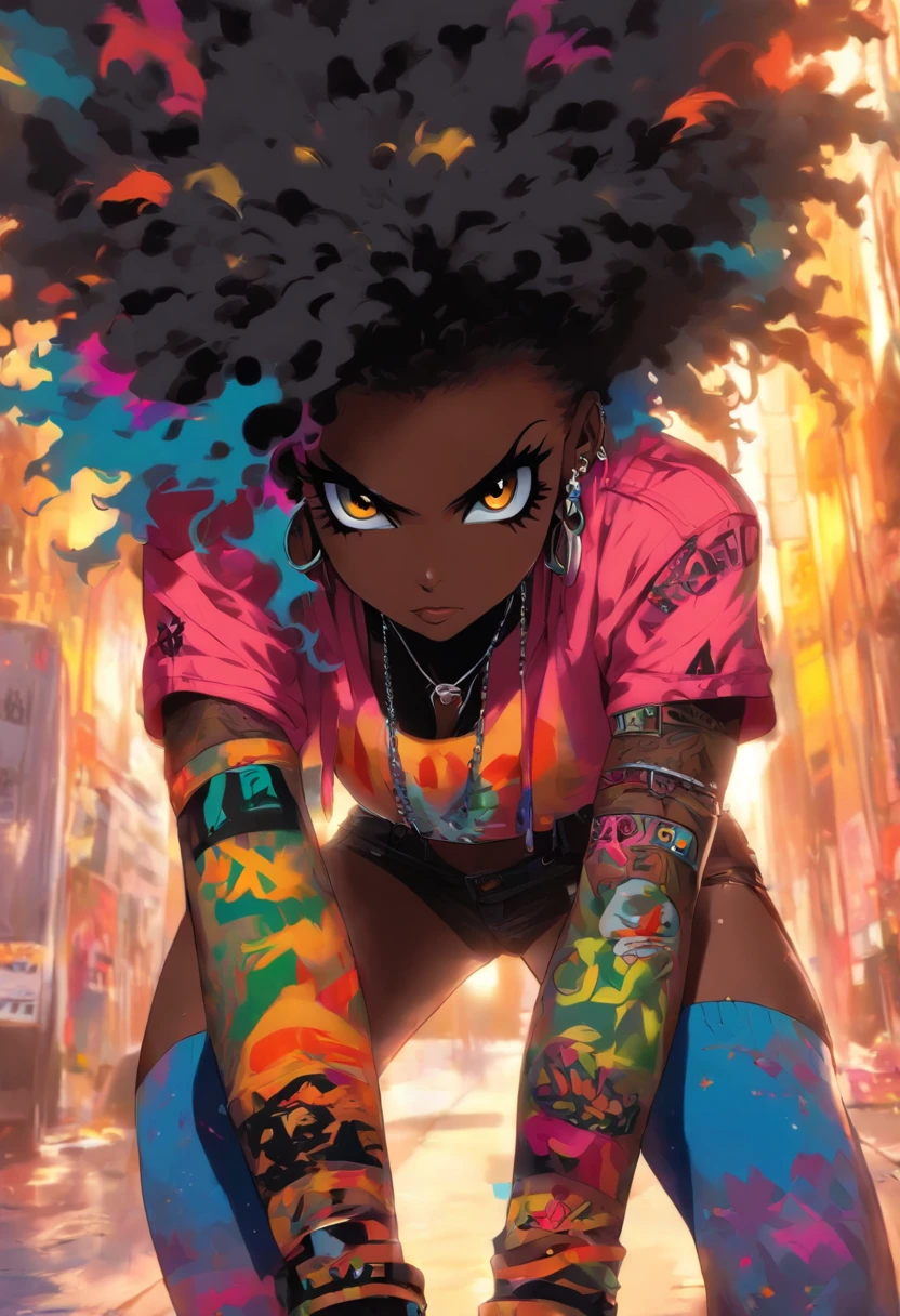 Uma mulher com cabelo afro e roupas coloridas agachada em um skate - SeaArt  AI