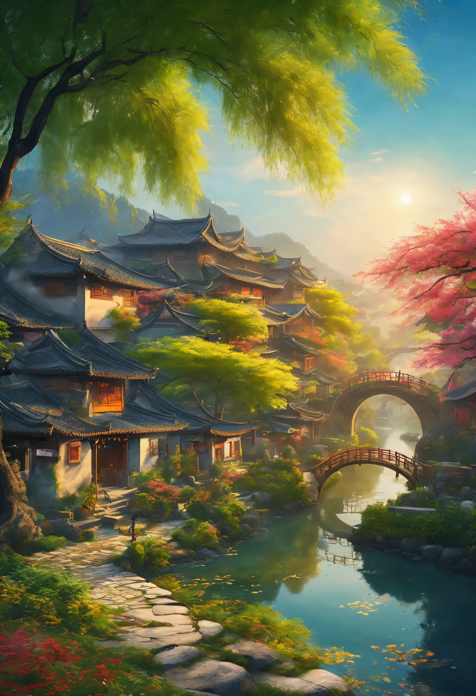 （vibrant with colors），（Semi-realistic），A vibrant riverside scene in ancient China，(Tranquil river water)Show on the(Elegant arch bridge)Oblivity，(Local villagers)'s(Picturesque residence)，（Ming dynasty depiction：1.1），Jiangnan Ancient Town，Small bridges and flowing water，Peaceful farmland outside the bustling city，（Sunny morning:1.2），（fine brushwork：1.1），Dynamic depiction，Panorama of the water's edge，Authentic atmosphere，Vivid authenticity，mesmerizing charm，Rich picture，8K resolution