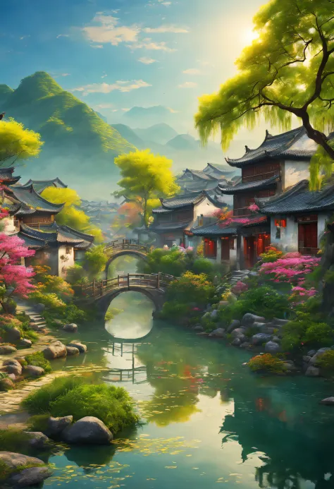 （vibrant with colors），（Semi-realistic），A vibrant riverside scene in ancient China，(Tranquil river water)Show on the(Elegant arch...