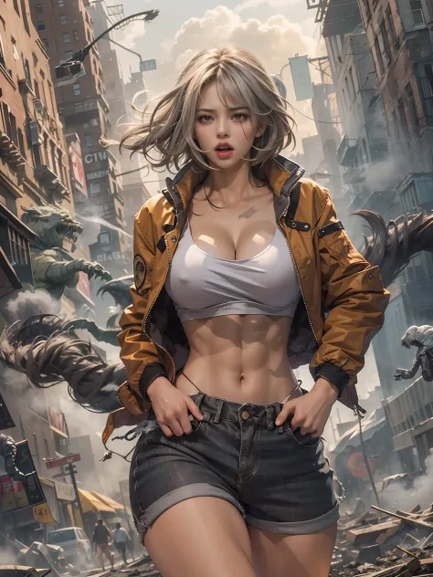Giant Akari in crop top and jacket, Barefoot, a beauty girl、beautiful countenance、huge tit、beauty legs、well-muscled、athletic bodies, gts city, city buildings, Smoke coming from a broken building, Confront evil black smoke and assimilating monsters、Screamin...