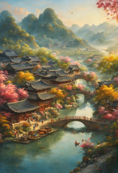 （vibrant with colors），（Semi-realistic），A vibrant riverside scene in ancient China，(Tranquil river water)Show on the(Elegant arch...