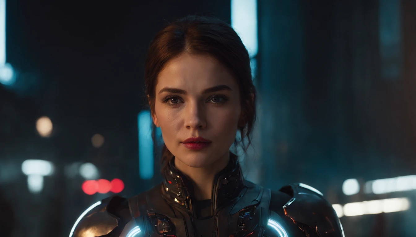 There's a cyborg woman with cyborg elements on her face standing in a cyberpunk city alley at night, futuristic soldier female tight suit, dark knight movie aesthetic, darksynth aesthetic, red neons, beautiful woman, haze, foggy night, horror cyberpunk, noir aesthetic, sci fi thriller aesthetic, ultra detailed, photorealistic.