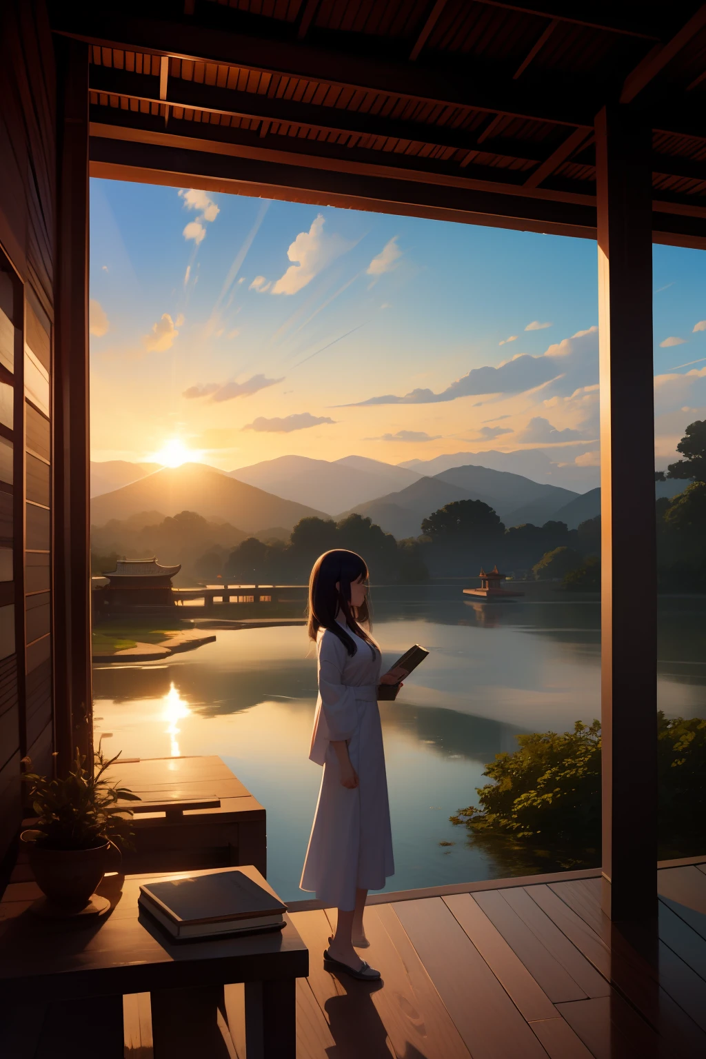 SFW, 1girl, foco solo, Pov, tiro muito largo, Landscape, East Asian architecture, sunlight, nascer do sol, floating, Cloud, heaven, chuva, water, corpo inteiro, ao ar livre, scenecy, profundidade de campo