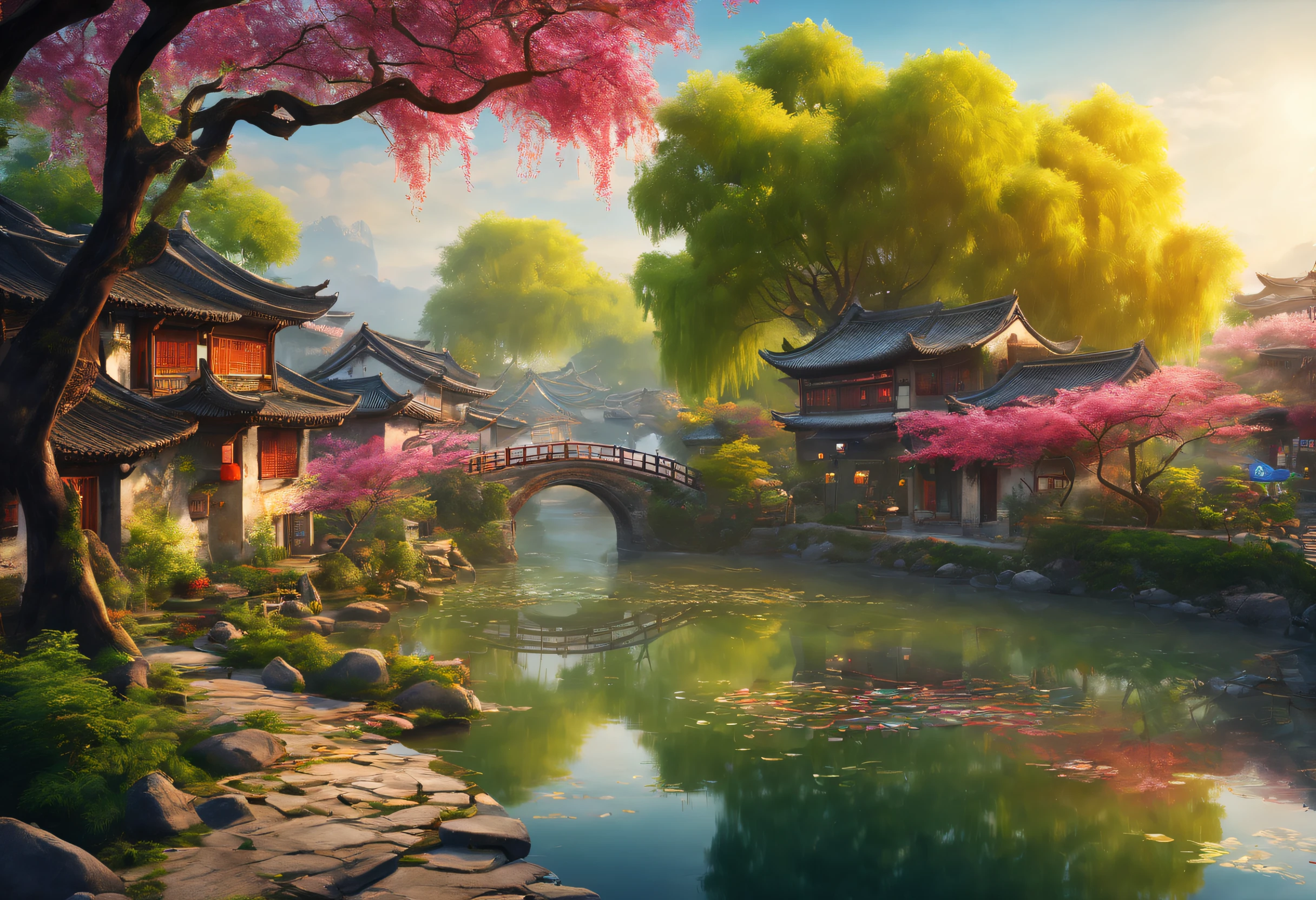 （vibrant with colors）, （Semi-realistic）, A vibrant riverside scene in ancient China, (Tranquil river water)Show on the(Elegant arch bridge)Oblivity, (Local villagers)'s(Picturesque residence), （Ming dynasty depiction：1.1）, Jiangnan Ancient Town, Small bridges and flowing water, Peaceful farmland outside the bustling city, （Sunny morning:1.2）, （fine brushwork：1.1）, Dynamic depiction, Panorama of the water's edge, Authentic atmosphere, Vivid authenticity, mesmerizing charm, Rich picture, 8K resolution, 1.4x realism, art deco, projected inset, Sony FE GM, Wide-Angle, super detail, best quality, highres