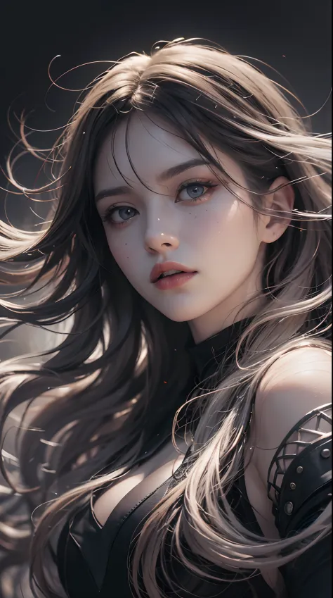 Female, adventurous atmosphere, monochromatic background, detailed eyes and lips, medium: oil painting, vibrant colors, intense lighting, best quality, highres, detailed description, dynamic pose, flowing hair, mystical aura, atmospheric landscape, dramati...