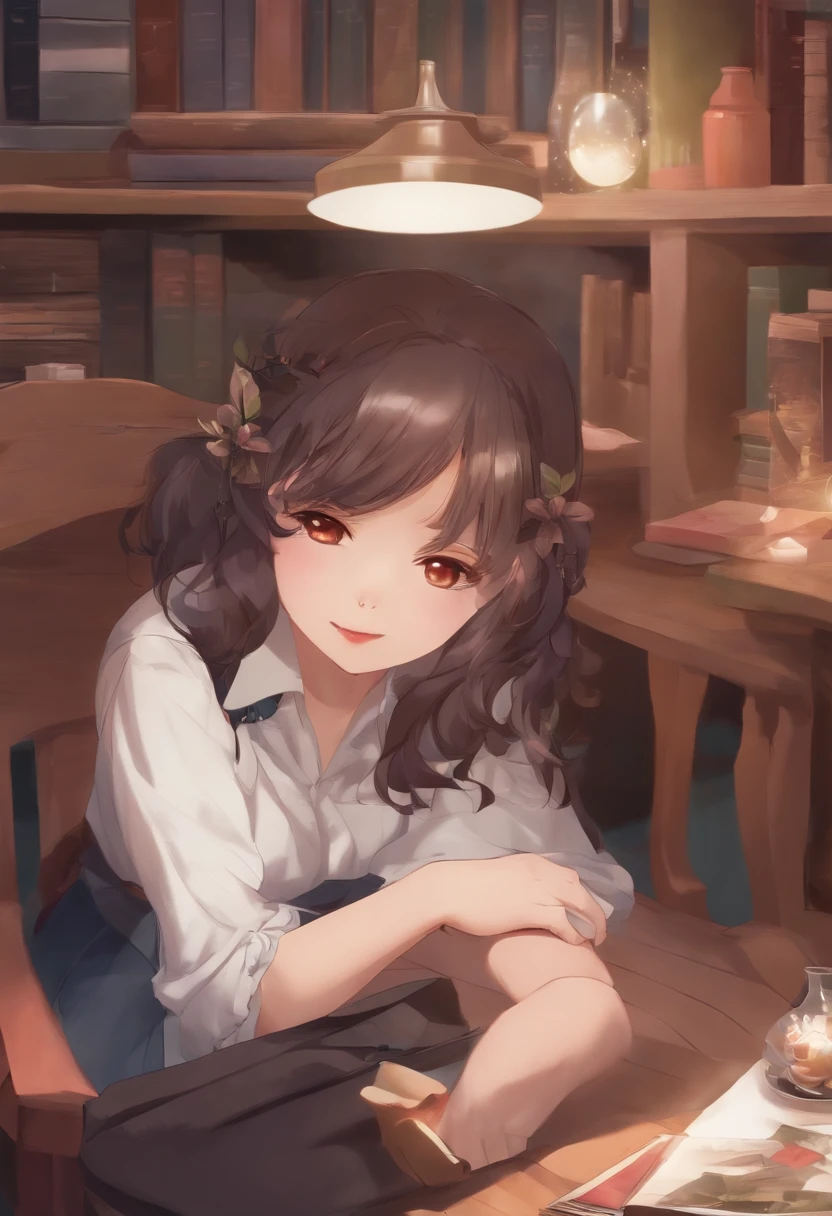 Anime girl sitting in a chair with a book and a lamp - SeaArt AI