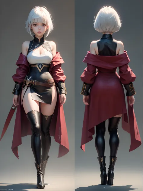 character sheet, full body front and back, street fashion, red wine long robe dress, adorable girl, Her Asymmetric Pixie hairsty...