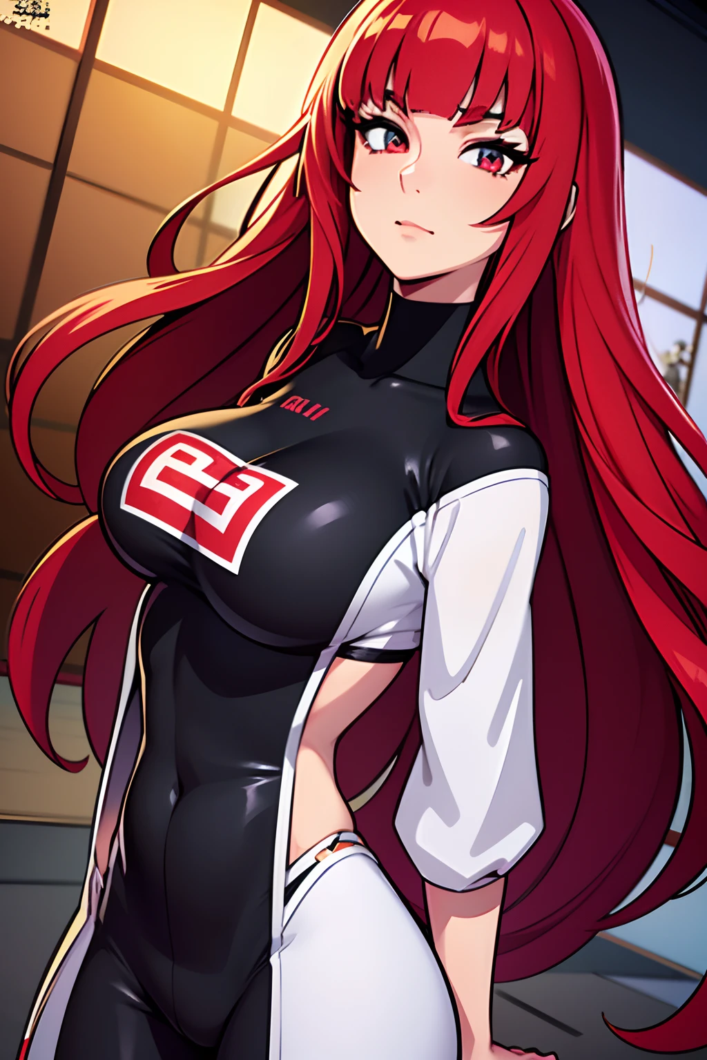 Elvira-4, Beautiful Gynoid,long wavy red hair, silver eyes,big bouncing breasts,[warning a Japanese jacket],[Japanese t-shirt],[Japanese pants],medium:illustrations,detailed face,ultra-detailed,bodydetails,[best quality:1.2],[highres,4k],vibrant colors,bokeh,soft lighting