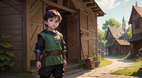 (masterpiece), best quality, expressive eyes, perfect face, fable video game, oakvale , in medieval city, in front of a blacksmith shop, 5 year old boy wearing a green tunic shirt gown with exposed legs, standing, blacksmith apprentice, by smelter