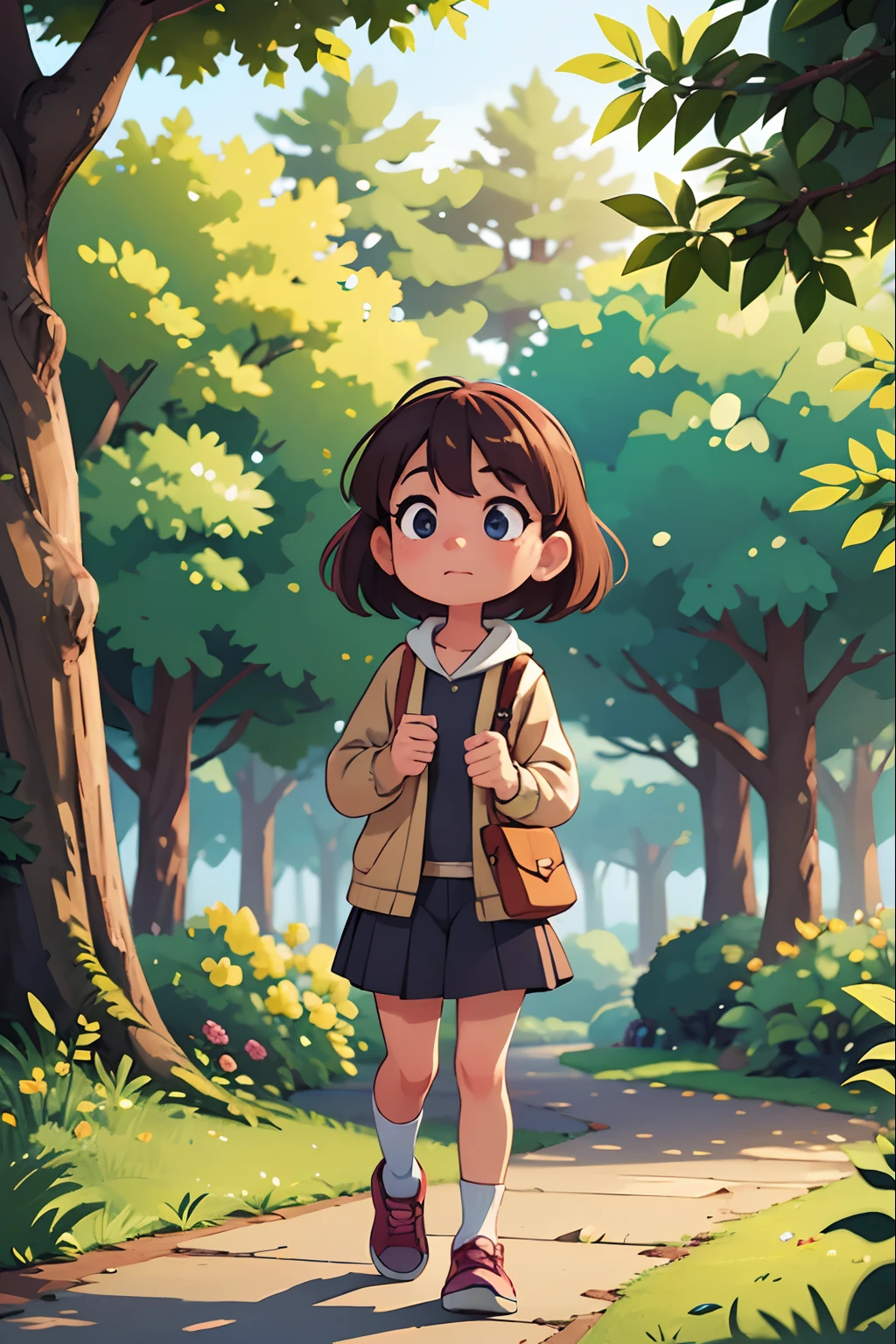 Girl taking a walk in the park,Detailed trees and leaves,High quality,Ultra-detailed,Realistic,Soft colors,Morning light、bustup、Eye Up