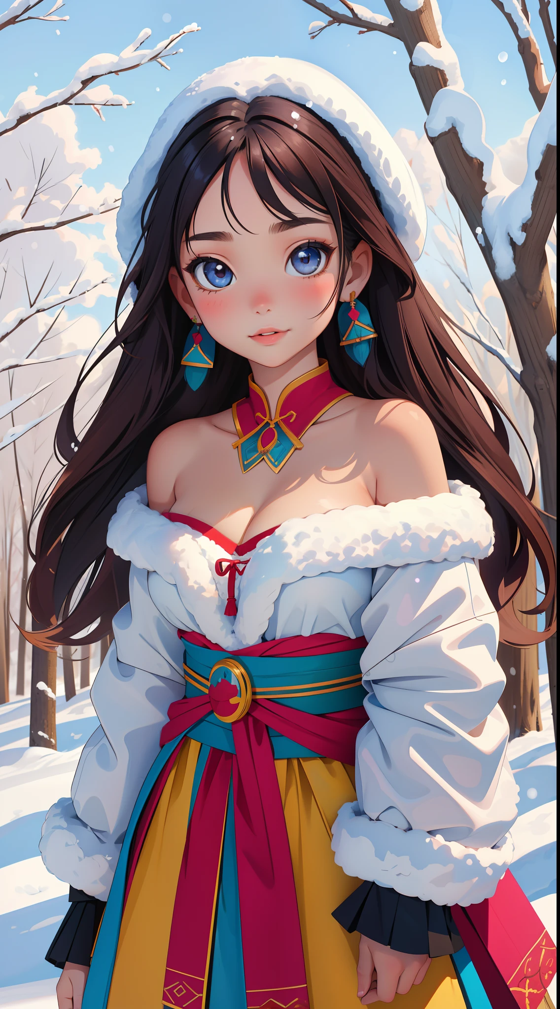 child, Haplogroup D1a1a1, High quality, Masterpiece, Portrait, 1girll, 11 Yeats old, Hmong，Large breasts，cleavage，Off-the-shoulder attire，snowfield，Forest，Snow，