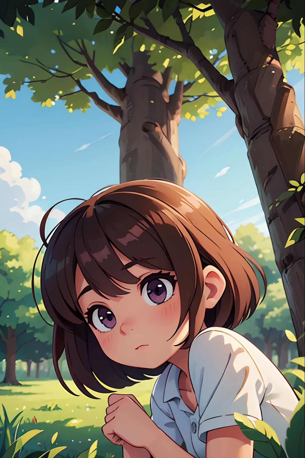 Girl playing hide and seek in the park、Hiding behind trees、Detailed trees and leaves,High quality,Ultra-detailed,Realistic,Soft colors,Morning light、bustup、Eye Up