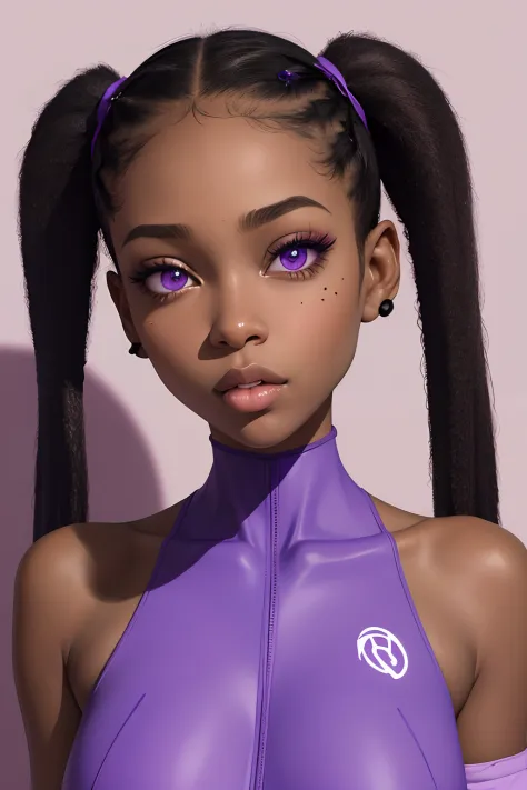 (masterpiece, best quality), deep ebony 1girl, beautiful face, kimberly_jackson, afro-pigtails, purple stunning eyes