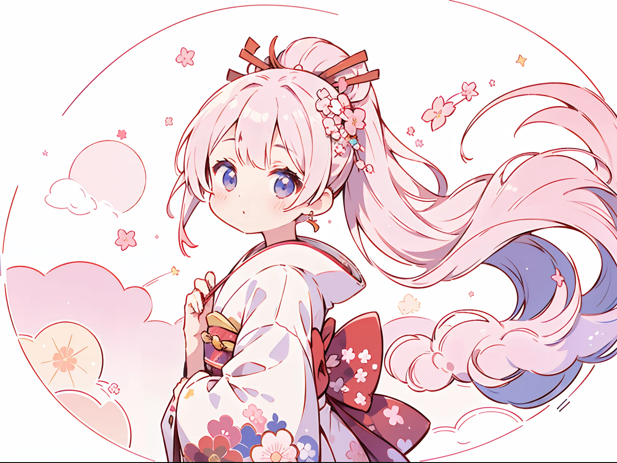 1 sticker, sticker, nikkaze, (cute girl), (gorgeous kimono), (gorgeous hair accessory), (Japanese traditional hairstyle), cherry blossoms, clouds, behind is a huge round moon, stars, white background, no background, simple background, minimal, cute, tiny, pastel color, vector style, no gradient