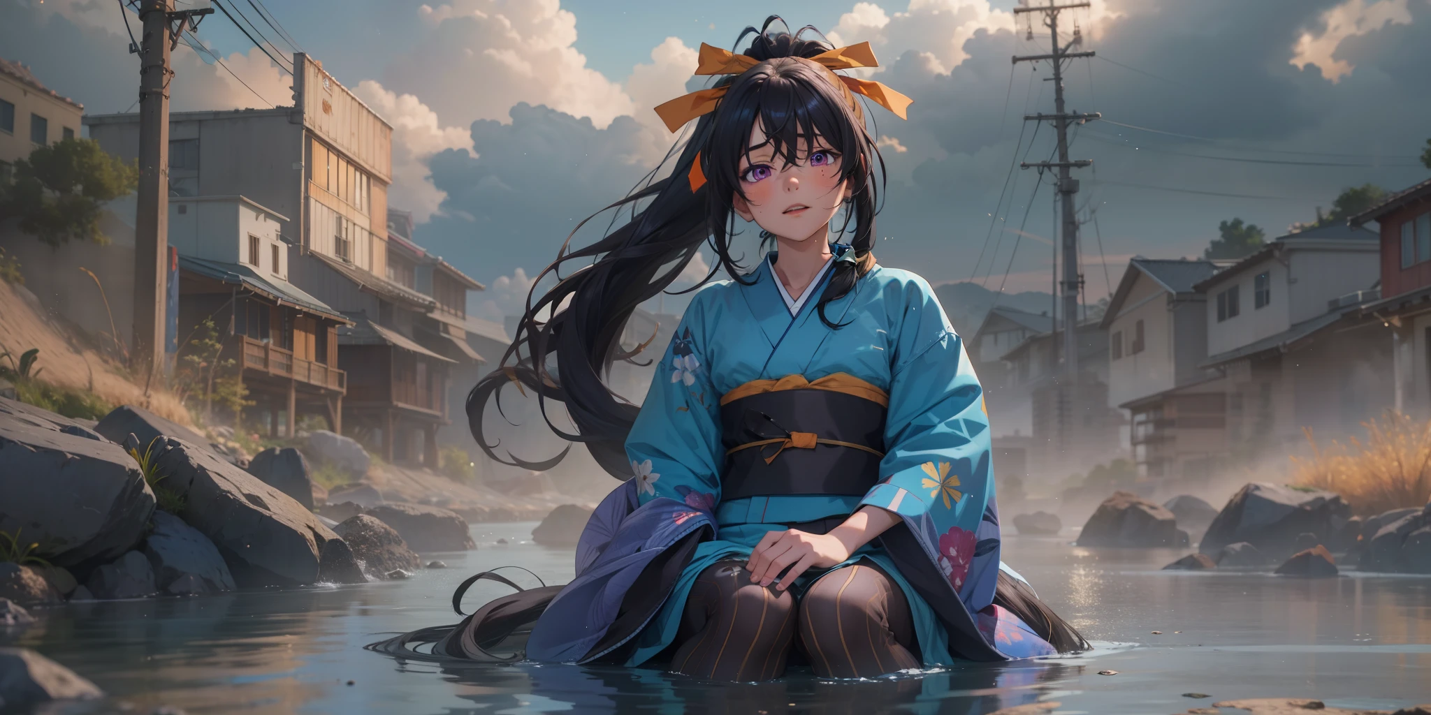 himejima_akeno, (black hair, ponytail, long hair, ribbon:1.6), purple eyes, glowing eyes, 1girl, kimono, japanese_clothes, water, sitting, sky, solo, sash, wide_sleeves, facing_viewer, long_sleeves, starry_sky, breasts, blue_kimono, star_(sky), obi, outdoors, cloud, blush, ocean, glow effects, godrays, Hand drawn, render, 8k, octane render, cinema 4d, blender, dark, atmospheric 4k ultra detailed, cinematic, Sharp focus, big depth of field, Masterpiece, colors, 3d octane render, 4k, concept art, trending on artstation, hyperrealistic, Vivid colors, extremely detailed CG unity 8k wallpaper, trending on CGSociety, Intricate, High Detail, dramatic,