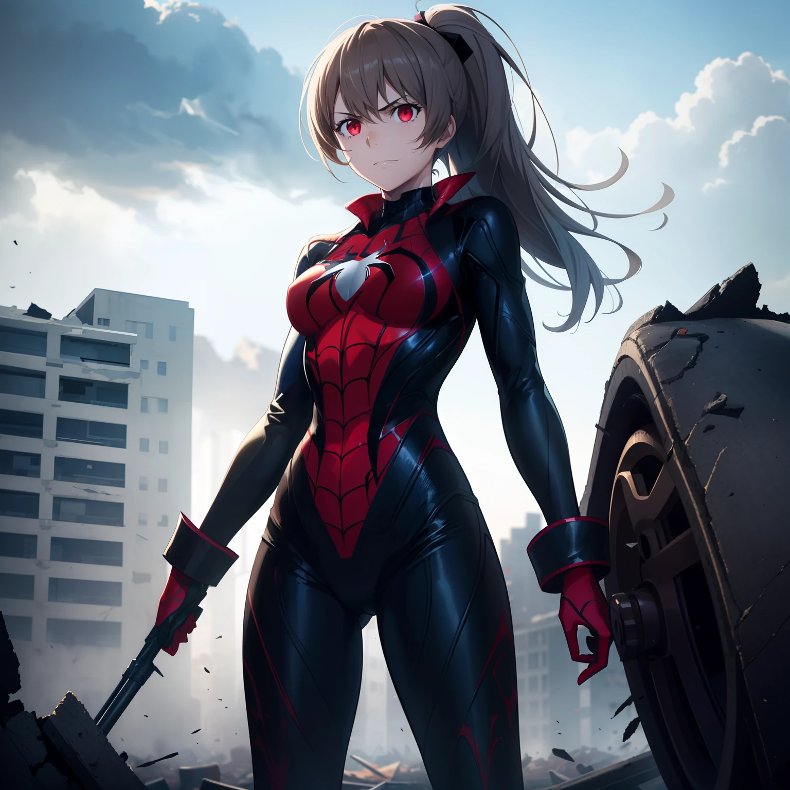 1girl,medium breasts,standing in ruined city,(8k),scratches,detailed face,light brown hair,red eyes,long hair,embarassed,small smile face,high_res, high_definition,the battlefield,Heroic pose,dark suit,ponytail, (symbiote spider man Custome:1.1),