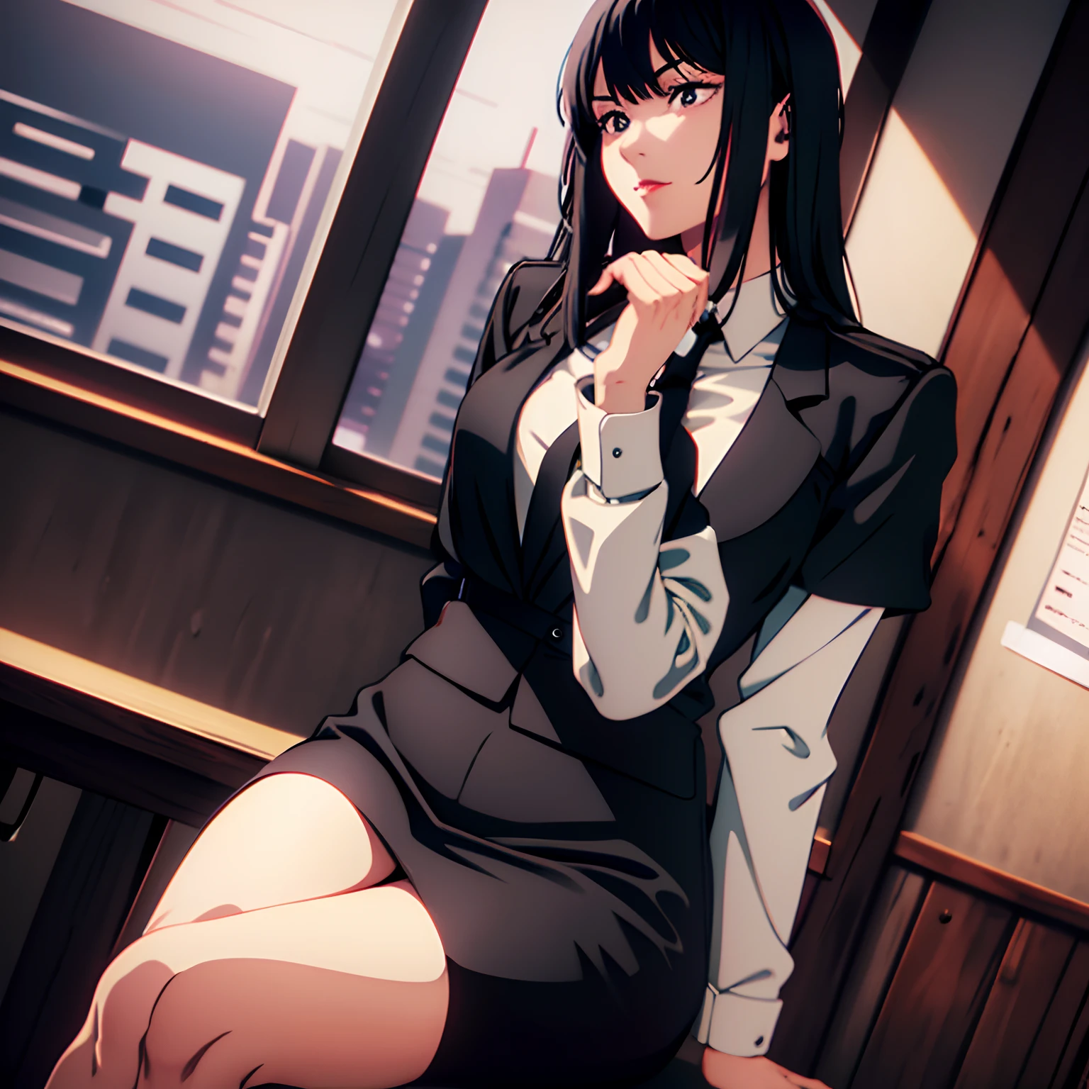 Solo, 1 woman, gorgeous, beautiful, mysterious, ominous, sitting, sitting in office, at desk, perfect lighting, badass woman, formal attire, woman sitting around a table, cinematic, masterpiece, best quality, highres, mightnight black hair, curvy, medium hair, bangs, silky hair, perfect features, skinny, red lipstick, fully clothed, Meeting room, meeting with people, around a table,