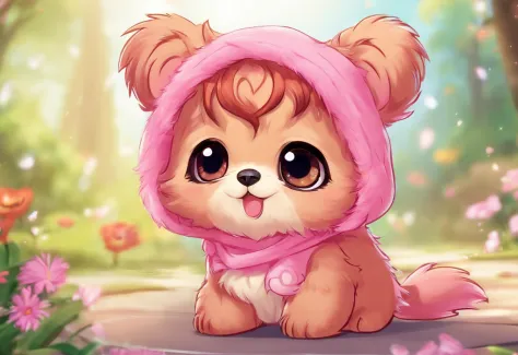 Heartspring Ewok, adorable, long lop ears, big bright eyes, heart gems, vivid pink hair fluff, light pink fur, masterpiece, best quality