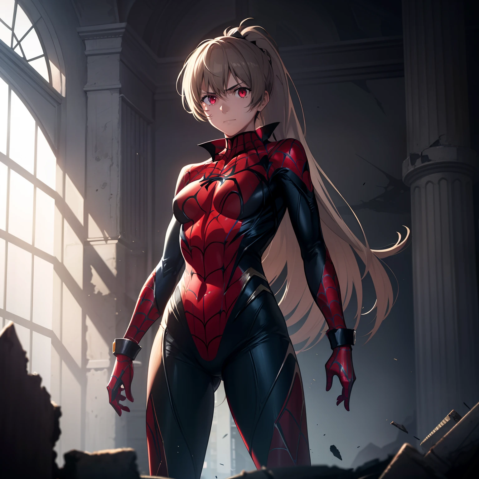 1girl,medium breasts,standing in ruined city,(8k),scratches,detailed face,light brown hair,red eyes,long hair,embarassed,small smile face,high_res, high_definition,the battlefield,Heroic pose,dark suit,ponytail, (symbiote spider man Custome:1.1),