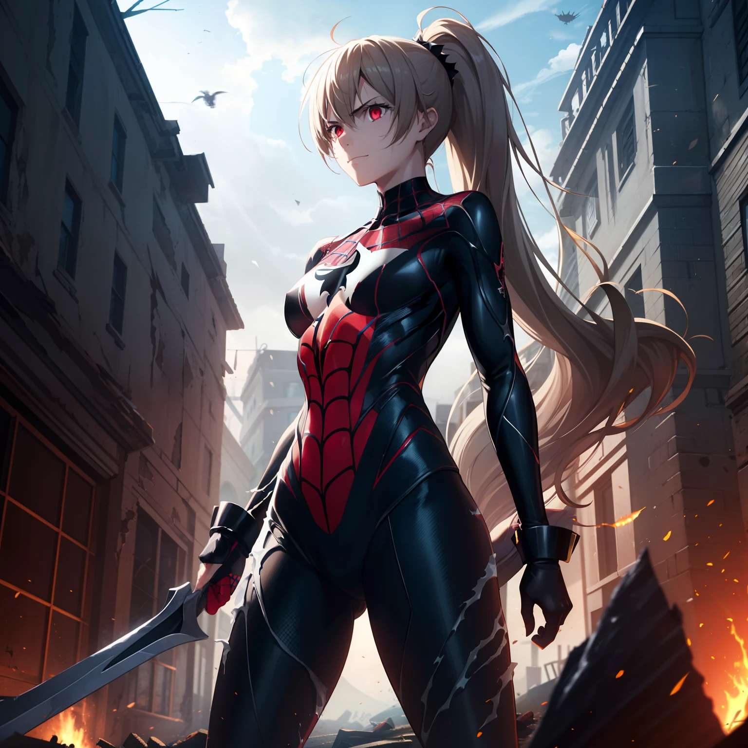 1girl,medium breasts,standing in ruined city,(8k),scratches,detailed face,light brown hair,red eyes,long hair,embarassed,small smile face,high_res, high_definition,the battlefield,Heroic pose,dark suit,ponytail,pirate sword, (symbiote spider man Custome:1.1),