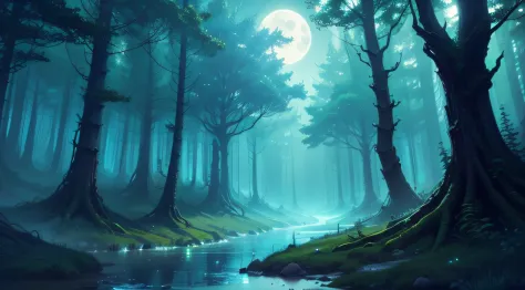 background nature magical, forest dark magical, moon cyan, concept art fantasy, splash art, best quality, detailed.
