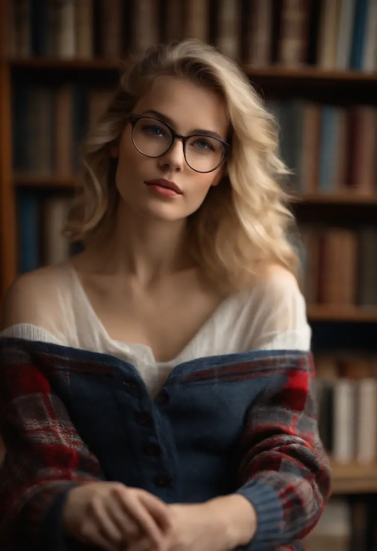 une fille lisant un manuel scolaire, beautiful detailed blue eyes, beautiful detailed lips, longs cils, College Student, A quiet library, soft natural lighting, Shelves full of books, curled up on a cozy armchair, lunettes de lecture, Concentrated expressi...