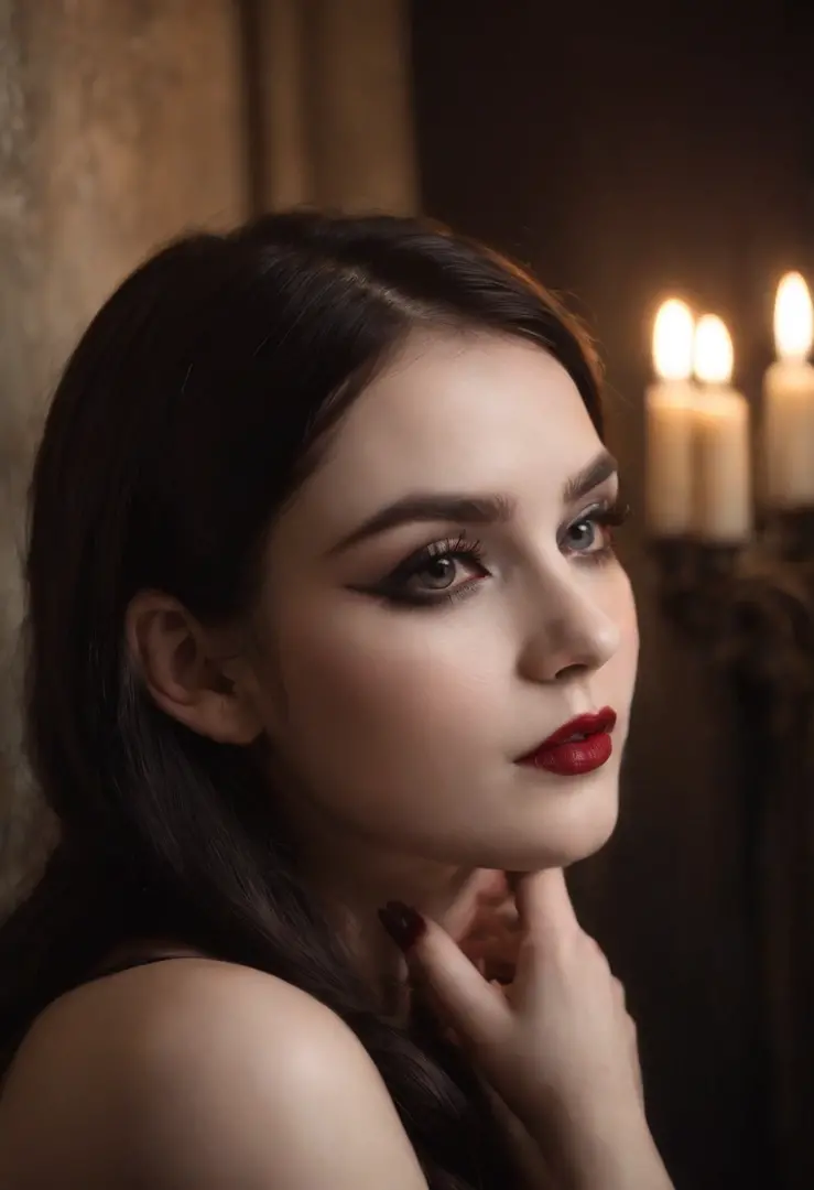 (low-lighting,slightly dark,gothic girl:1.1,21-year-old:1.1)gothic girl,gothic makeup,21-year-old,beautiful detailed eyes,beautiful detailed lips,selfie in the bathroom,gothic style,contrast lighting,subtle color palette,candlelight ambiance,gloomy atmosph...