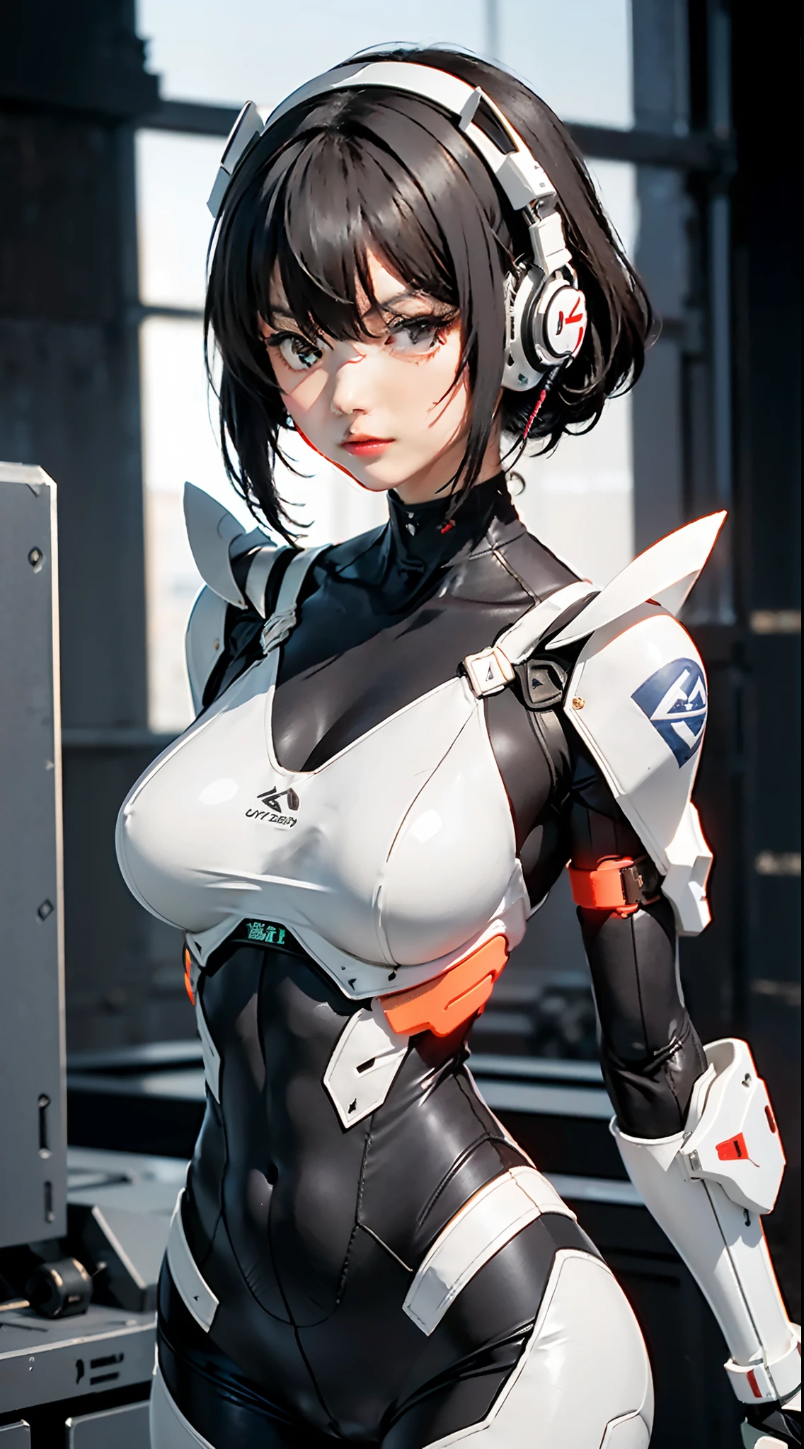 ulzzang -6500-v1.1,(Raw foto:1.2), (Photorealsitic:1.4), hight resolution、An ultra-high picture quality。 （Detailed super beautiful one woman。Tall slender 24 years old、White technical wear and futuristic women's battlesuit（for urban warfare、Details will be described later.................）Please wear）,Equipped with a large laser rifle、Always ready to shoot、 disheveled short brown hair、Wearing a small headset、fullllbody, nffsw(HighDynamicRange),　Anisotropy Filtering,depth of fields,Maximum clarity and sharpness,, ((Beautiful large breast）（Sagging udder）、((The chest and lower body are lightly armed and the skin is exposed, however、Can withstand combat))、Beautiful athlete thighs、Trained abs、skin tanned、 Realistic Professional Lighting,、　((dynamicposes))、 Sophisticated gaze　hereinafter、battle suits（for urban warfare）pronpt: Color scheme: Basic colors: blanche、Gunmetal and metal silver accents。 Suit design: With a shape that fits the curves of the body、Fine details、The visible part that supports the movement of muscles and joints。 Advanced electronics and sensors are built into the whole body、Especially the back of the hand and the arm、Stand out at the ankle。 Especially chest armor、backs、Placed on the thigh、Has the ability to prevent attacks from laser guns。 In the center of the chest there is a slit-shaped opening,、Some troughs look designed.。 headset on head： Small antennas and sensors、Ultra-compact speaker and microphone、Attach to the side and top of the headset。 arma: Large laser rifle: There is a sense of unity in the design of the suit.、white and black、Uses gunmetal livery。Built-in ability to share information with suits in real time。 Ancillary Machinery:　Large railgun