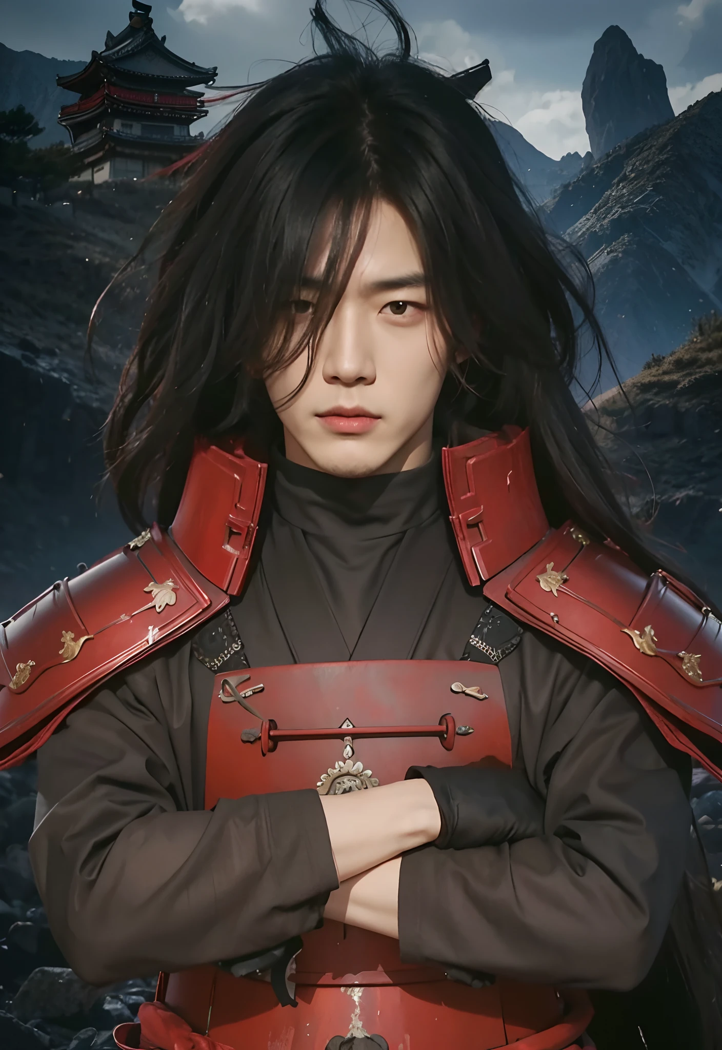 Real life adaption of this character,Korean Handsome man,cool expression, (realistic long messy hair), ((realistic same outfit wear red iron armor like samurai)), realistic background mountain, hyper realistic, realistic light, realistic shadow, realism, (photorealistic:1.2)