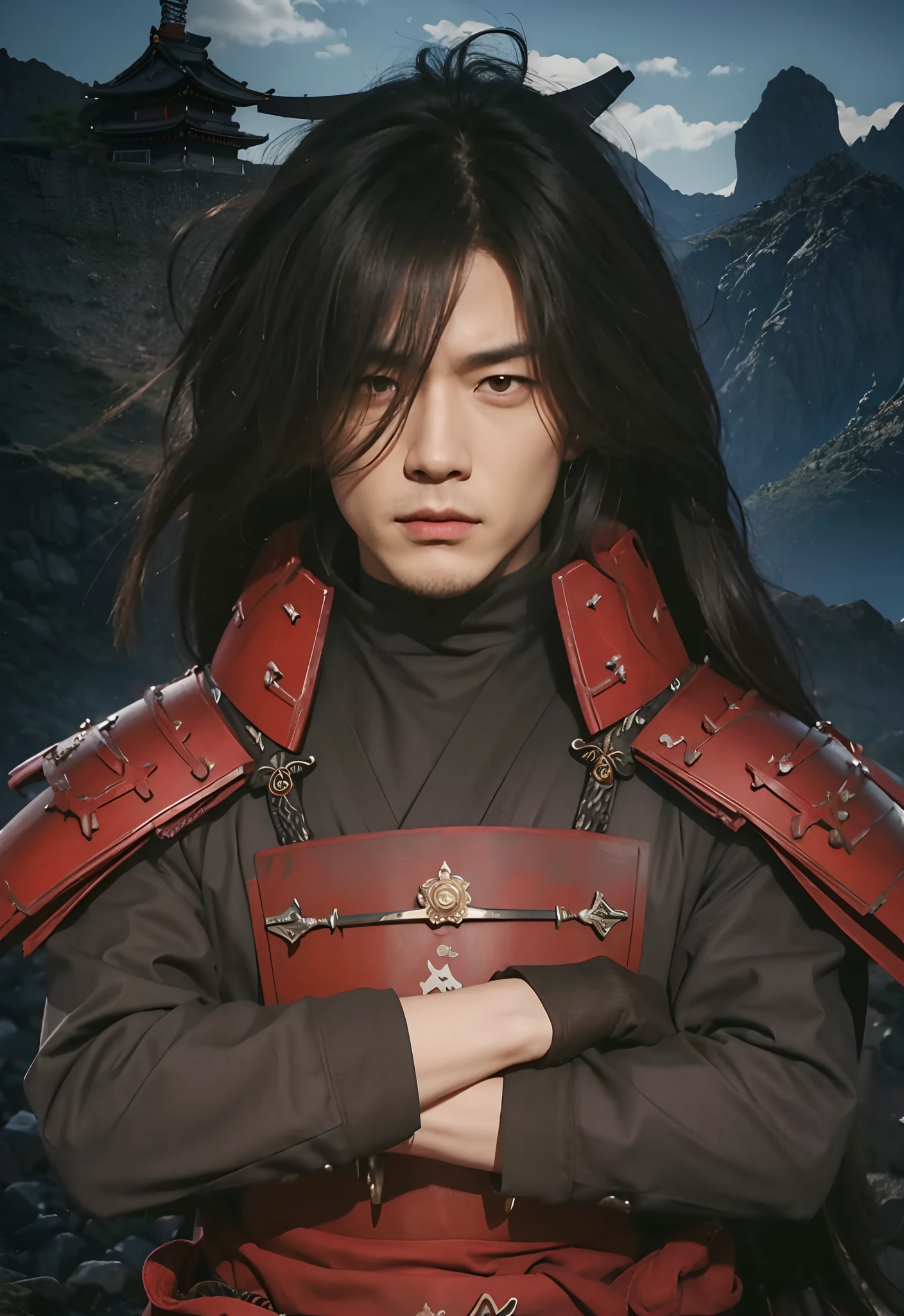 Real life adaption of this character,Handsome man,cool expression, (realistic long messy hair), ((realistic same outfit with wear red iron armor like samurai)), realistic background mountain, hyper realistic, realistic light, realistic shadow, realism, (photorealistic:1.2)