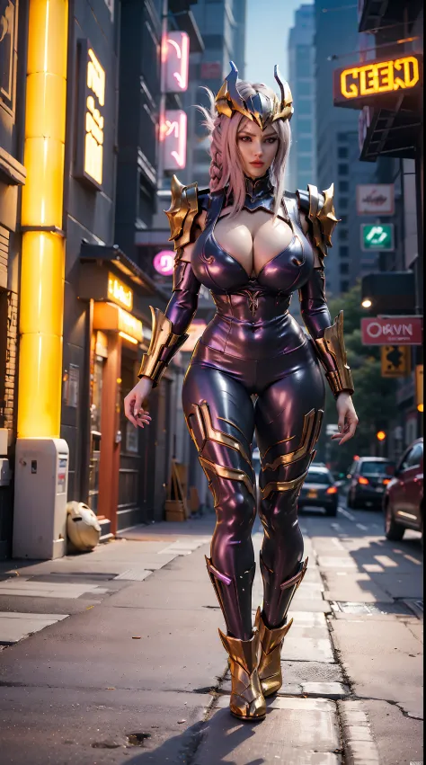 (dragon Queen Helm), (huge Fake Boobs:1.2), (purple, Gold, White), (street neon city), Rainbow Color Futuristic Phoenix Mecha Bodysuit, (cleavage), (skintight Yoga Pants), (high Heels), (perfect Body:1.2), (full Body View), (looking At Viewer), (walking Do...