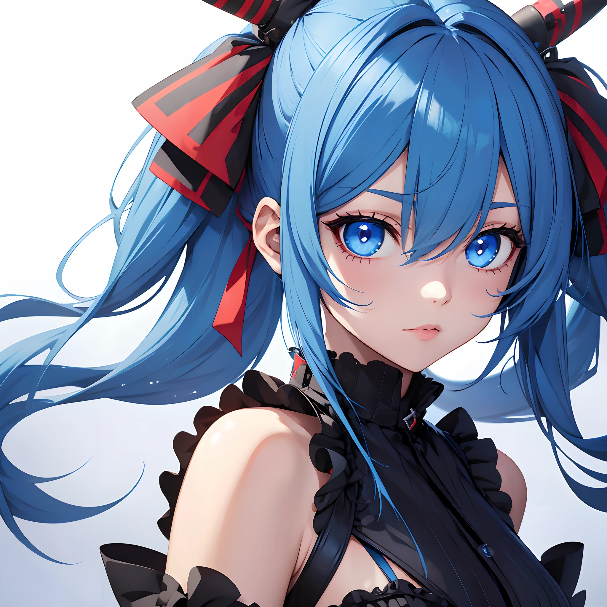 Chica anime con cabello azul y vestido negro con cuernos. - SeaArt AI