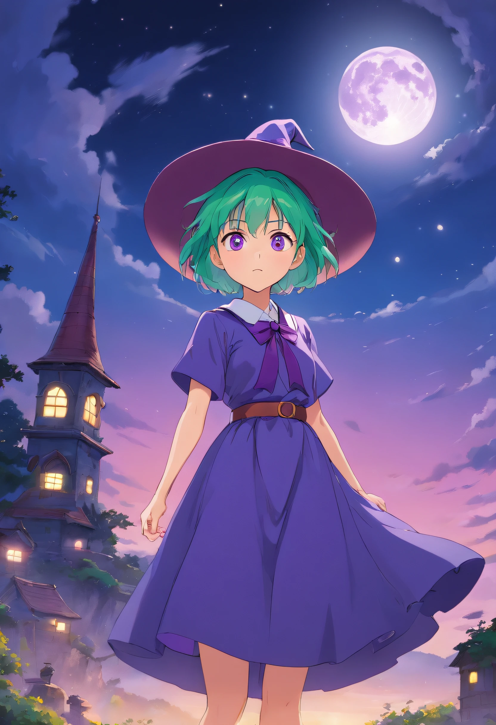 top-quality、extremely delicate and beautiful、(A teenage girl)、Purple Eye、Green hair、short-haired、(purple witch hat)、Purple tie、Soio、shortsleeves、Purple skirt、Purple Wizard Robe、Navel、is standing、Full moon night on background