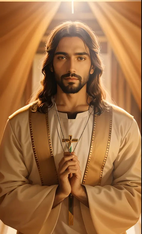 Close-up of a man holding a cross and a rosary, Jesus Cristo, Retrato de Jesus Cristo, Vestido como Jesus Cristo, 《efeito de mas...