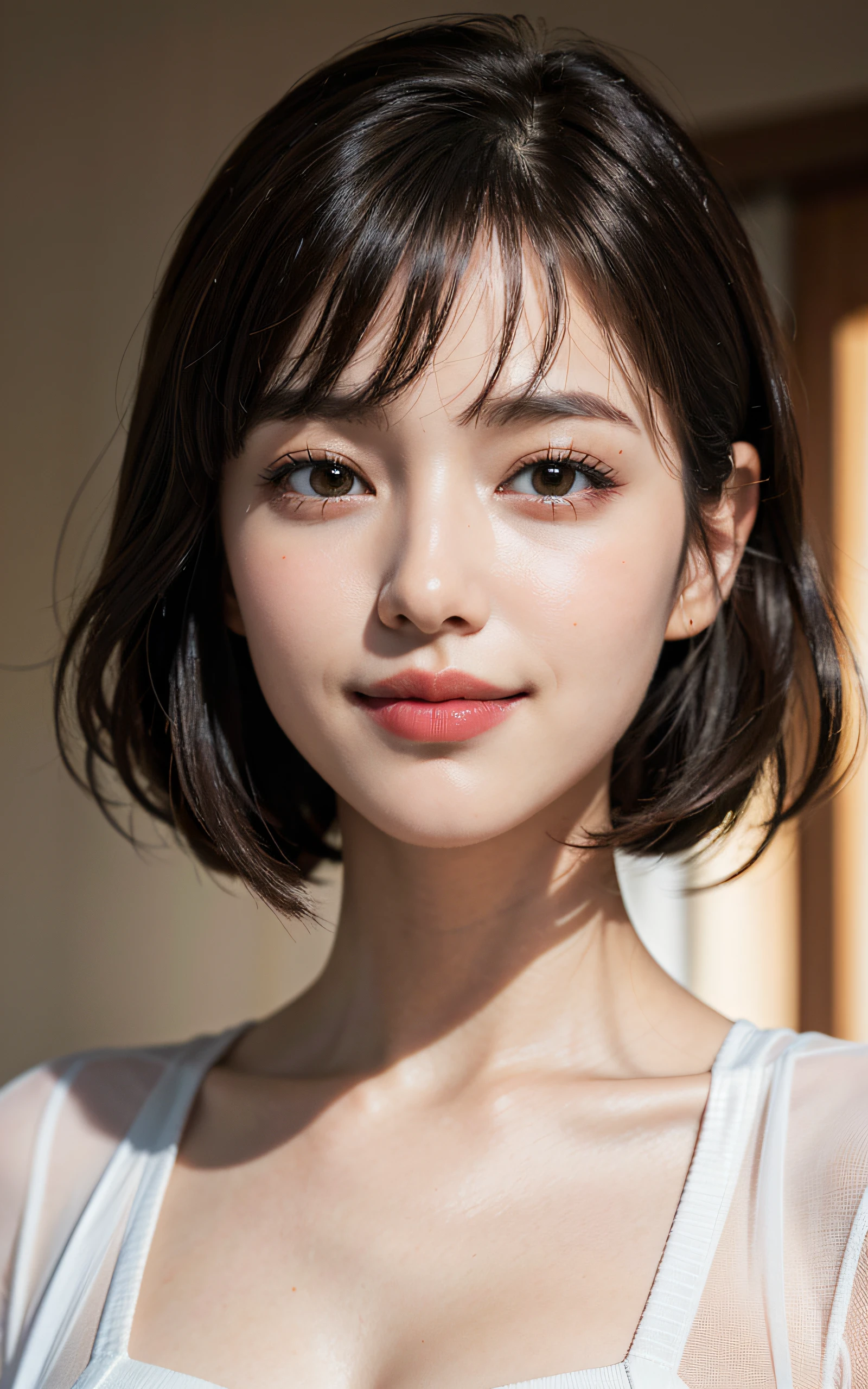 (Masterpiece:1.3), (8k, Photorealistic, RAW Photography, Best Quality: 1.4), soft light, professional lighting, 1girl, cute, neat and clean beauty, closed mouth, smile, Brown short hair, bangs,