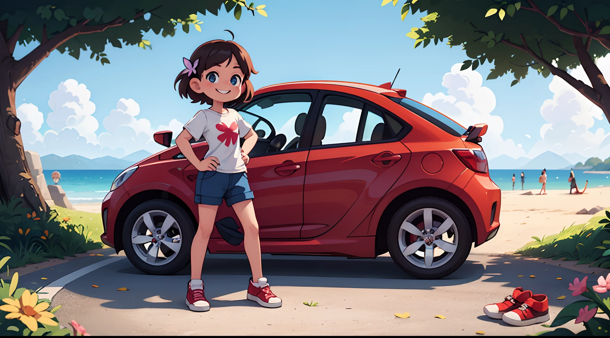 Octane Render、(Hyper-detailing: 1.15)、(Soft light、sharp: 1.2)、morning、Little girl posing in front of EV in parking lot near beach, Accessories for shoes、butterfly hair ornament、 Fuji Film, F/4.0, masutepiece, Anatomically correct、A smile, radiant light