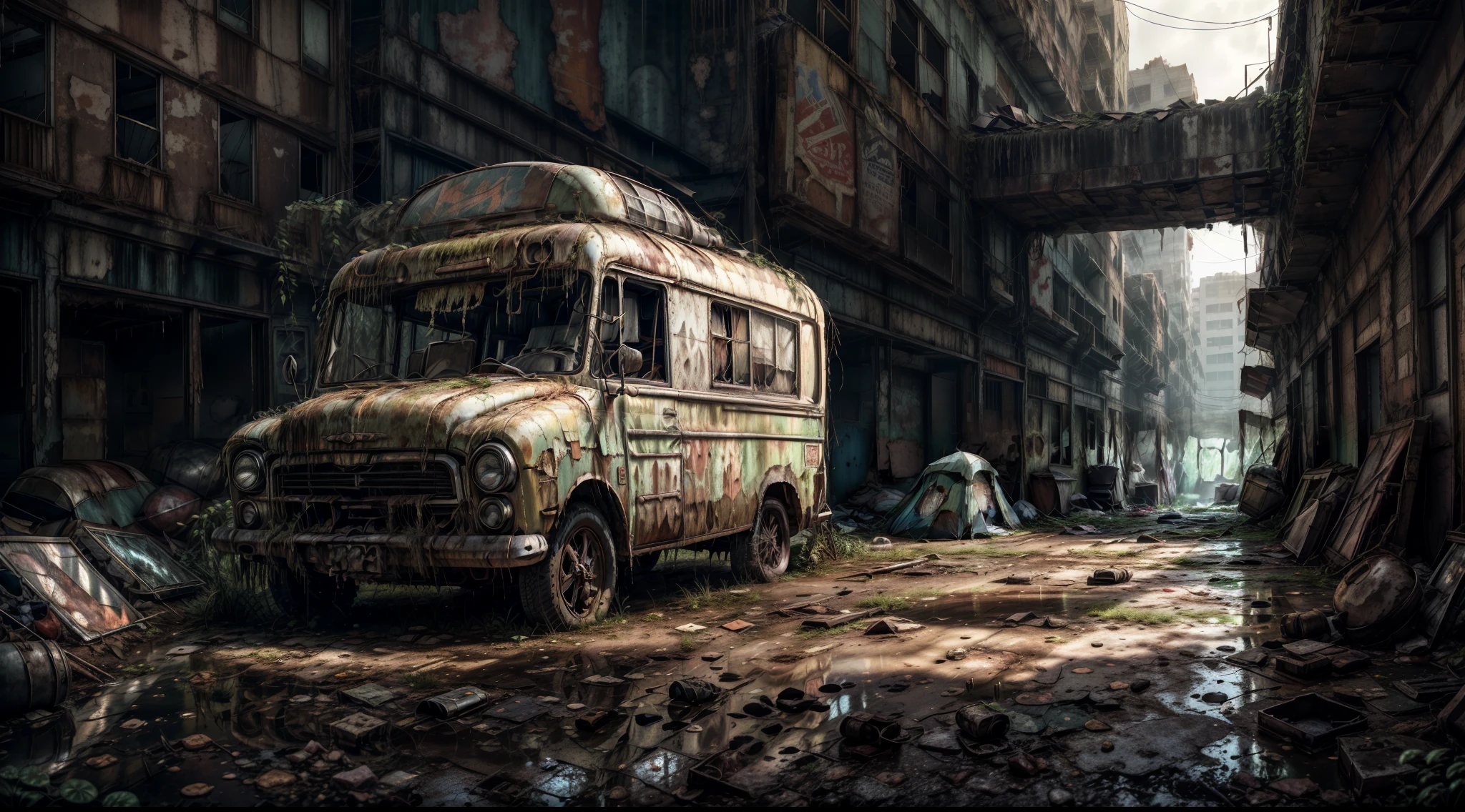 (masterpiece, best details, best quality), Old abandoned camping trailer, broken, rusty, post apocalyptic, man standing, deserted, cinematic, heavy rain