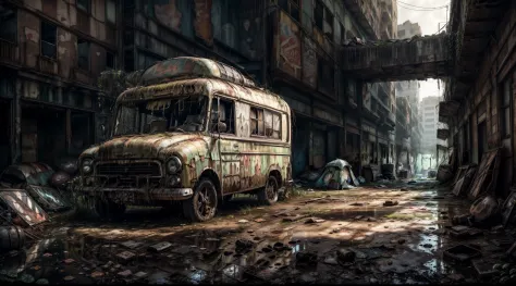 (masterpiece, best details, best quality), old abandoned camping trailer, broken, rusty, post apocalyptic, man standing, deserte...